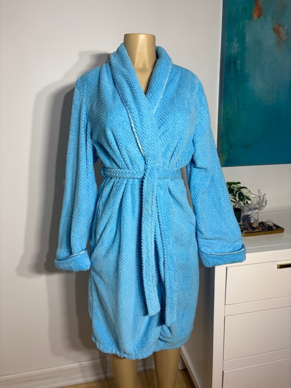 Cozy Light Blue Plush Shawl-Collar Robe with Tie Belt